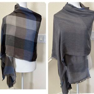 LARGE DOUBLE SIDED GREY BLUE BEIGE CHECKERED SCARF WRAP 23”x80” super soft